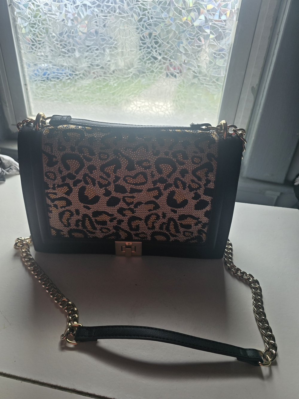 Inc Gold Leopard Print Crossbody Bag with Chain Strap